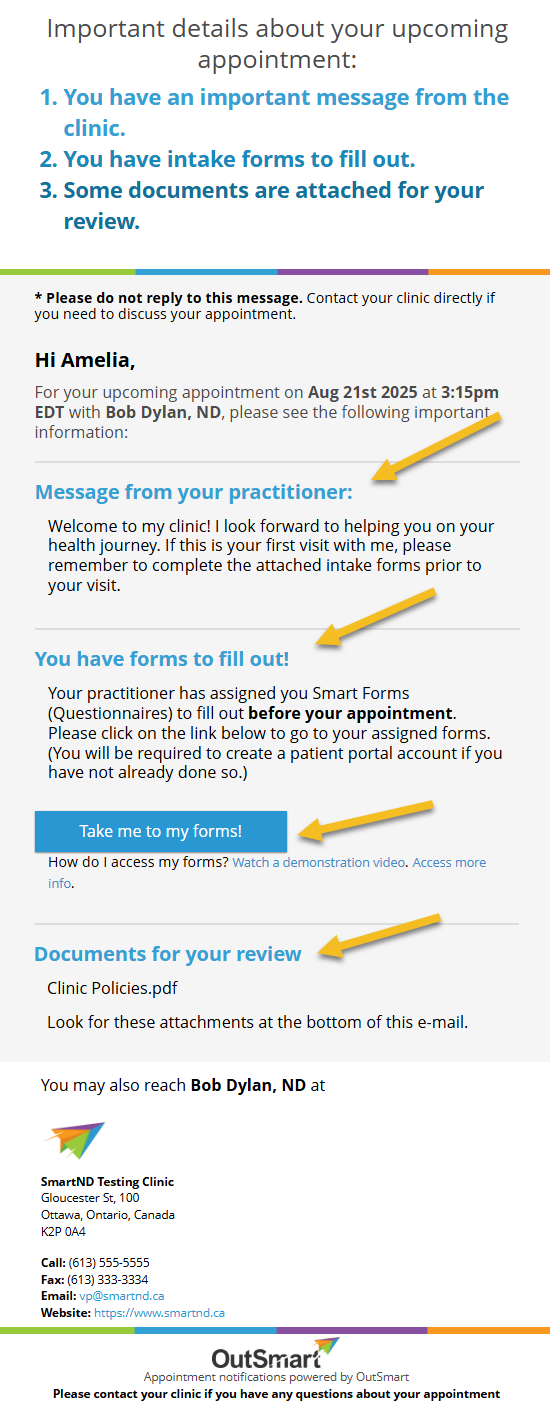 How does a patient see the attachments or intake forms I've sent them by email - shows the second of the two confirmation emails which includes the custom message, intake form, and document attachments.